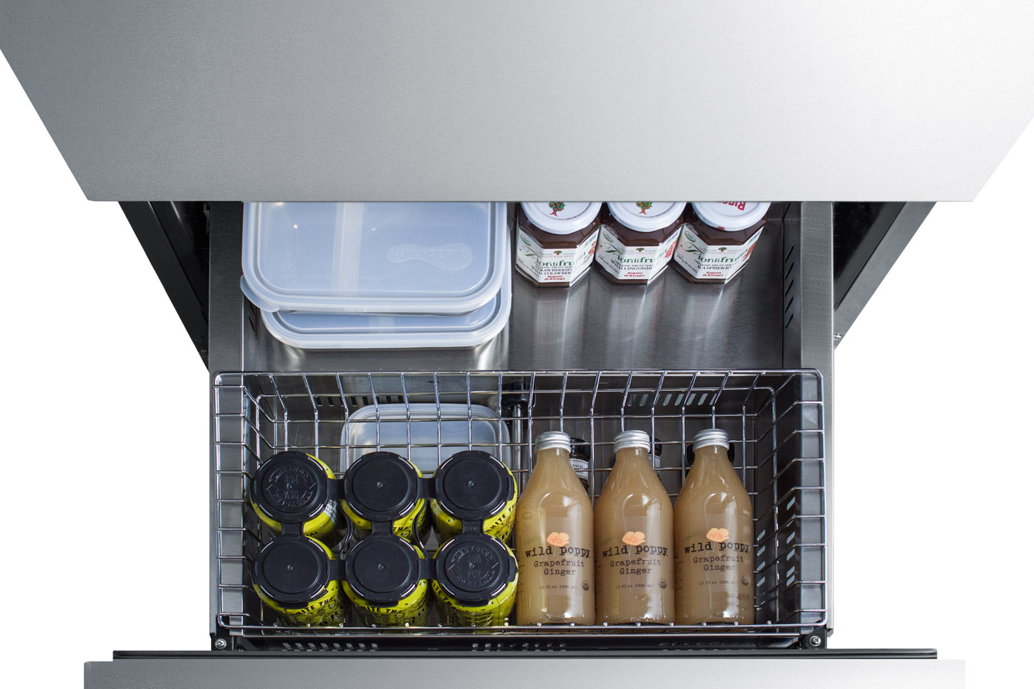 Commercially listed ENERGY STAR certified panel-ready 2-drawer all-refrigerator in stainless steel designed for indoor or outdoor use under standard or ADA compliant counters